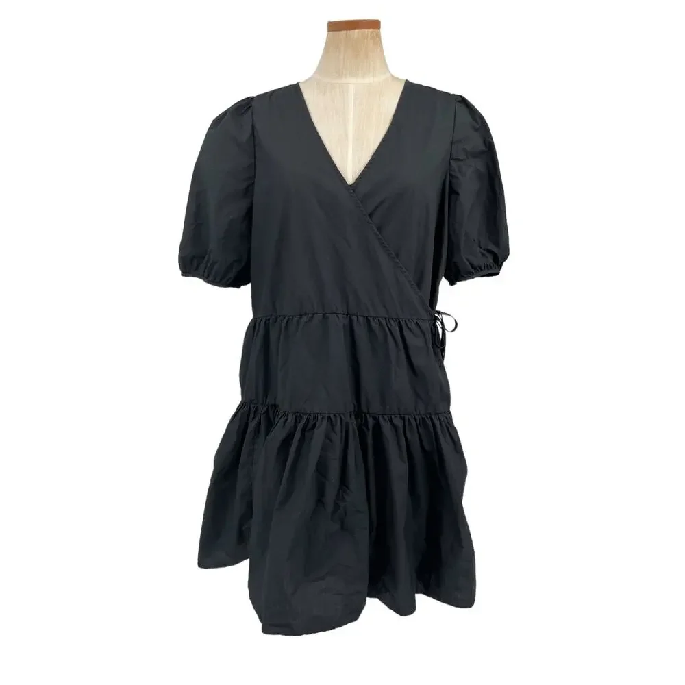 J Crew 2 pc  Black Wrap Dress & Slip Short Puff Sleeves Tiers Size Large NEW